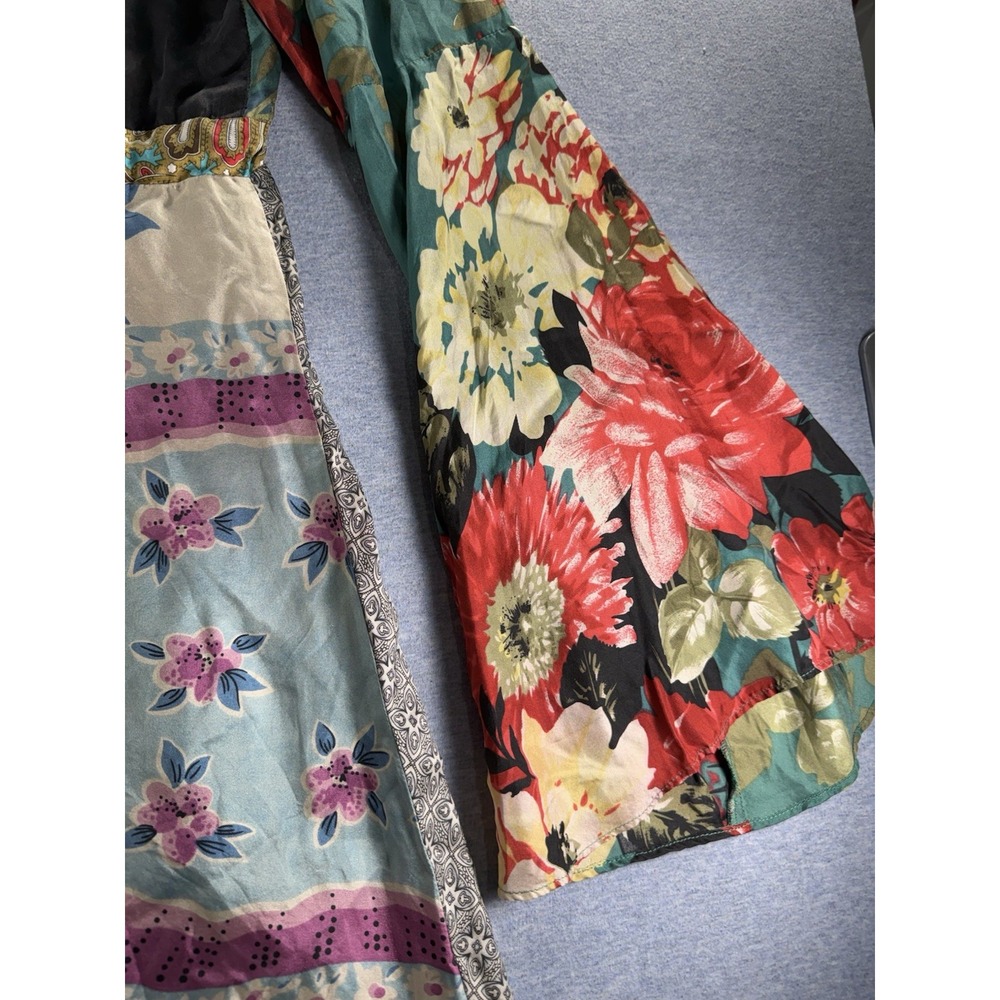 RARE 100% Silk Patchwork Tunic Dress Boho Bell Sleeve Italy Size 44 Medium - Picture 10 of 11